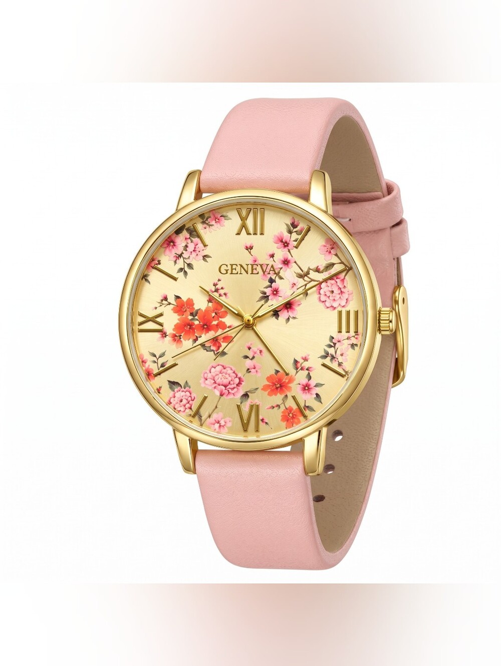 Geneva Women’s Gold Tone Floral Pink Faux Leather Watch PT10063